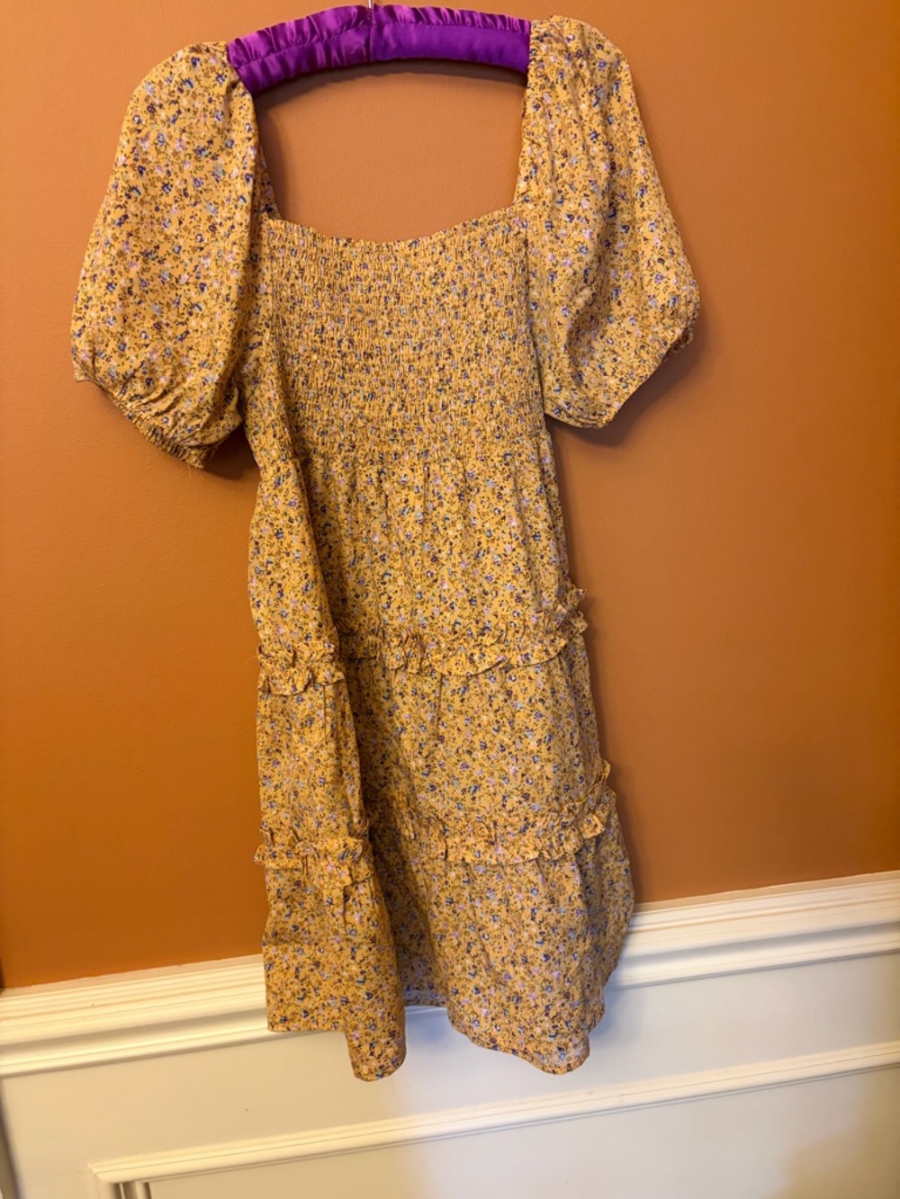 Floral Puff-Sleeve Mini Dress in Mustard Yellow